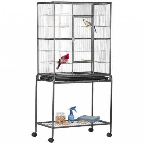 PawHut Jaula para Pájaros con Ruedas 81x48x162,5 cm Pajarera Metálico con Bandeja 4 Perchas 4 Comederos y Estante de Almacenamiento para Periquitos Canarios Negro y Gris