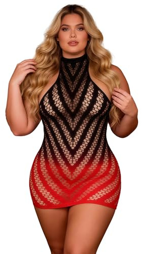 ohmydear Gradient Fishnet Babydoll Lingerie Set Plus Size Bodystocking Nighties Chemise Sexy Nightwear Hollow Out Night Mini Dress Mesh Halter Rave Outfit XS-M