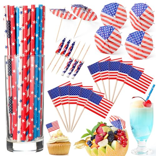 Blulu 150 Cocktail Zahnstocher Set für Unabhängigkeitstag Enthält 50 Cocktailspieße zum 4. Juli 50 Cocktailschirmchen 50 USA Flaggen Papier Cocktail Strohhalme für Patriotische Party Themen Deko