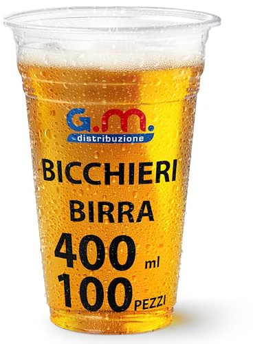G.M. DISTRIBUZIONE 100 Bicchieri Birra da 400ml in PP Trasparente, Bicchieri Usa e Getta per Birra tacca 3cl, Bicchieri Monouso per Bar e Lounge Bar