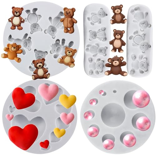 MYPRACS Lot de 5 moules en silicone en forme d'ours en forme de cœur et perle semi-circulaire pour décoration de gâteaux en pâte à sucre, pâte à sucre, pâte à sucre