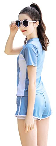 Traje de baño para niñas, Traje de baño Rashguard de Dos Piezas para niños, Pantalones Cortos de Playa de baño de Secado rápido tamaño 6-7,8,10-12,14-16(11252Azul Cielo,8)