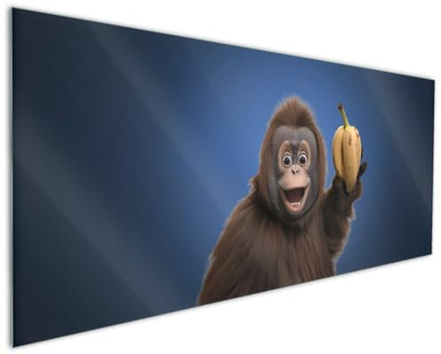 Wallario Küchenrückwand aus Glas 125 x 50 cm, Motiv: Lustiger AFFE mit Bananen | Spritzschutz abwischbar & pflegeleicht