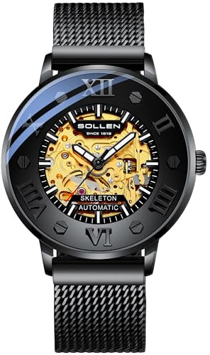 SOLLEN Men's Automatic Skeleton Watch, Double-Sided Mechanical Self-Winding Movement, Luminous Luxury Casual Wrist Watch for Men, Water Resistant, Watch Gift for Men