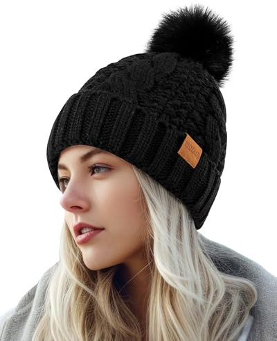 PIOZAED Women's Winter Pompom Beanie Warm and Cozy Knit Hat Fleece Lining Skull Cap for Women Black