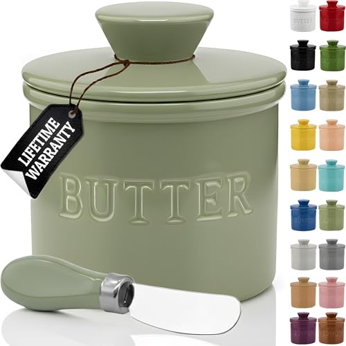 PriorityChef Butter Crock with Lid, On Demand Spreadable Butter, French Butter Keeper to Leave On Counter with Water Line, Ceramic French Butter Dish, Sage