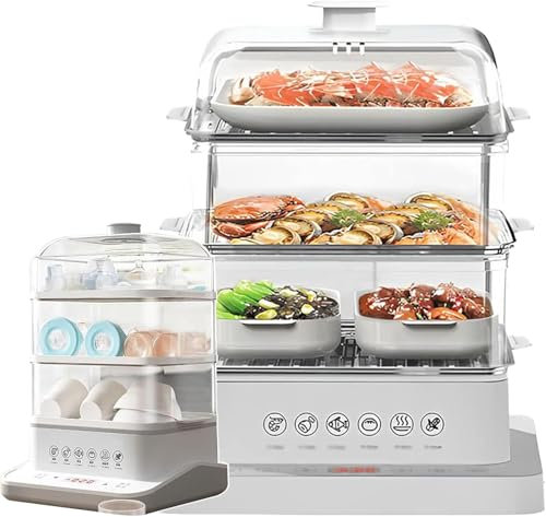 Vaporiera Elettrica (40 L), Vaporiera Elettrica con Ciclo a Vapore a 360°, Vaporiera Rimovibile a 3 Livelli + Pieghevole da 800 W + Prenotazione 12 Ore + Anti-Scottatura, per Verdure, Carne,