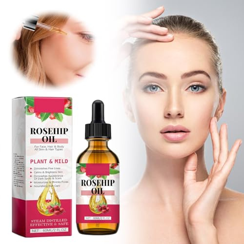 Hagebuttenöl Bio Kaltgepresst 100% Rein 60ml Rosehip Oil Wildrosenöl für Haut Haare Nägel Gesichtsöl Körperöl Vegan Hexanfreies Hagebuttenkernöl Anti-Aging Anti-Falten Natürlich (1pc)