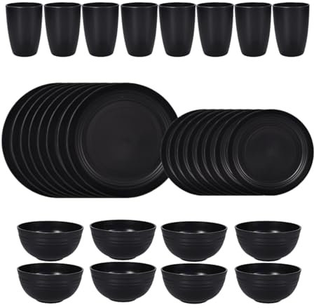 Makamsui Juego de vajilla de plástico de 32 piezas, platos reutilizables para 8 personas, platos de plástico irrompible para camping, picnics, fiestas, reuniones familiares, color negro