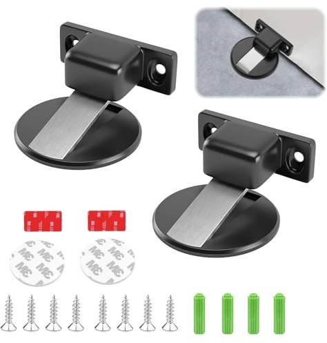 Yuqilin 2 Pièces Bloc Porte Magnetique, Magnétisme Puissant Cale Portes en Métal, Auto Adhésif Butée Porte Magnétique Solide Livré avec Ruban Adhésif Vis, pour Salle Bain et Chambre Coucher（Noir）