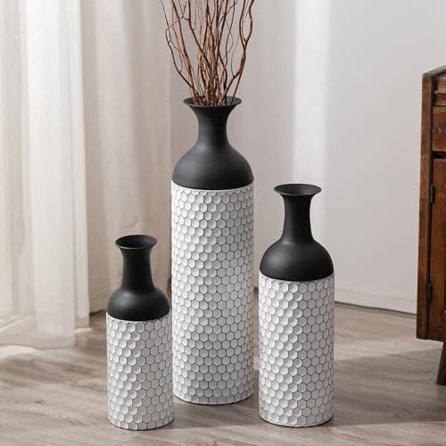 Sziqiqi Vasi Alti da Terra Grande: 68/51/41cm Nero Bianco Set di 3 - Metallo Vaso da Pavimento per Soggiorno - Moderno Enorme per Camera da Letto Ufficio