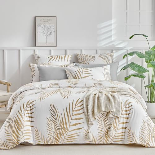 Lekesky King Duvet Cover Set, White and Gold Tropical Palm Leaf Pattern Comforter Cover King Size, 3 Pieces Soft Microfiber Bedding Sets with Zipper & 2 Pillowcases, Comforter Not Included