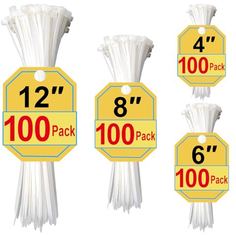 White Zip Ties Assorted Sizes 4+6+8+12 Inch, 400 Pack, Clear Zip Ties, White Cable Ties, Zipties Clear, UV Resistant Wire Ties, Plastic Ties, Tie Wraps Assorted Sizes, SiKuLin