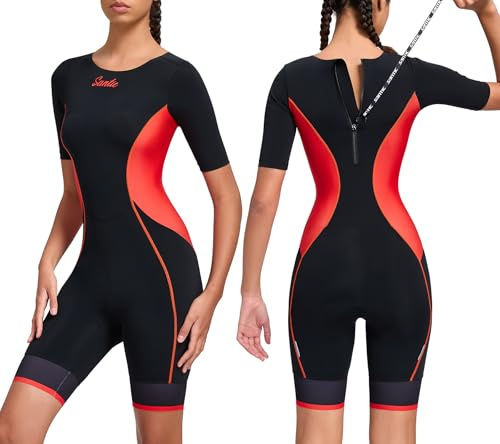 Santic Triathlon Suit for Women Short Sleeve Padded Trisuit Quick-Dry for Swim Bike Run,Red,S