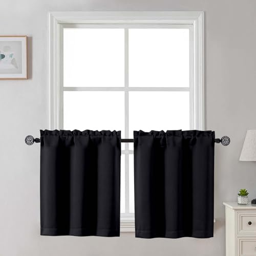 Gwine Tende lunghe 61 cm per finestre piccole, tende corte oscuranti da cucina sopra il lavandino, tende a mezza finestra per camera da letto, bagno, cantina, 2 pezzi, ciascuna 76,2 cm x 24 L, nero