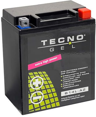 TECNO-GEL QUALITÄTS MOTORRAD BATTERIE für YB14L-A2, 12V Gel-Batterie 14Ah, 134x88x166 mm für April ia Atlantic 500, Scarabeo 500, Tuareg 600