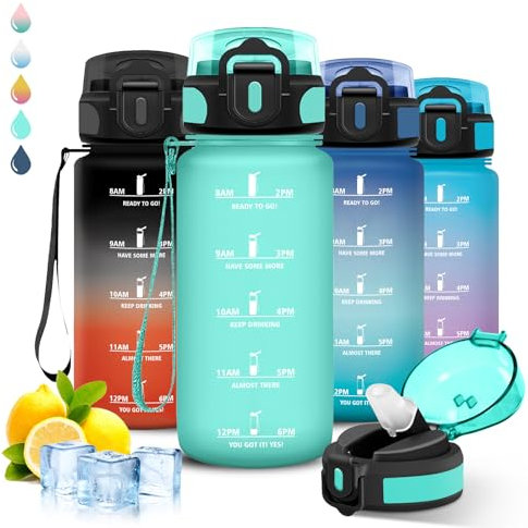 Trinkflasche, 500ml Trinkflasche Kinder, Wasserflasche mit Strohhalm, Leicht zu Reinigen, Wasserflasche Auslaufsicher, Mit Motivierendem Slogan, Flasche mit Zeitmarkierung, Flasche für Schule, Büro