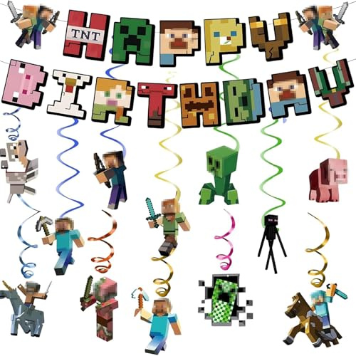 Decoración Cumpleaños Pixel para Niños - Juego de Banner, Guirnaldas Colgantes y Accesorios para Fiesta (Tema Gamer, Mineros y Streamers) - Regalo Ideal para Niños y Fans de Videojuegos