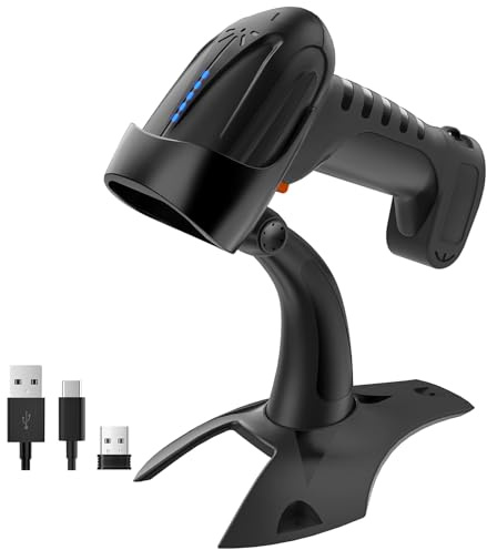 Tera Barcode Scanner kabellos 2D QR mit Ständer: Pro-Version Batteriestandsanzeige 2500mAh Industrietauglicher Barcode-Leser kompatibel mit Bluetooth 2.4G für Windows Mac Android iOS 8100 Schwarz