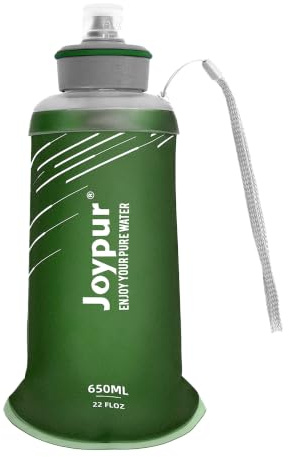 Joypur Bouteille Eau Pliable avec Filtre 650ml, Filtre à Eau Portable 3 Couches, Élimine 99.9999% des Impuretés, Ultra-léger 100g, Pour Randonnée Camping Survie, TPU Qualité Alimentaire, Vert