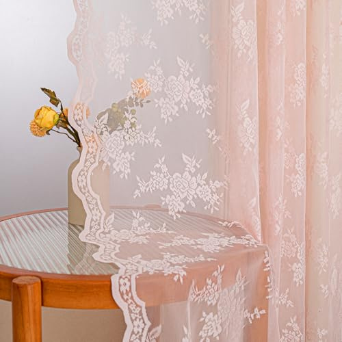 MYSKY HOME Vorhang Spitze Vorhänge mit Kräuselband Vintage Transparent | Lichtrosa,2er Set,H145 x B140 cm,Landhaus Gardine Kurz,Blumen Bestickte Spitzengardinen,Modern Dekoschal für Wohnzimmer