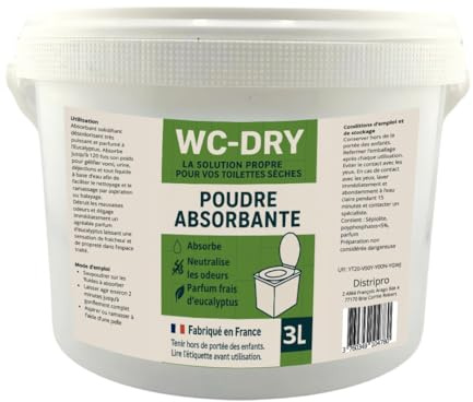 Poudre absorbante toilettes sèches, désodorisant naturel, parfum eucalyptus, fabriqué en France, idéal pour camping, randonnée, chantiers - WC-DRY (Seau 3L)