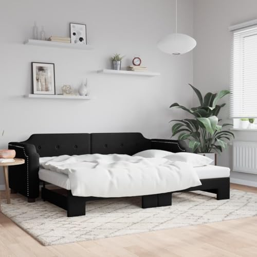 Qnhdfrt Tagesbett ausziehbar Schwarz 223x110 cm als Daybed Gästebett Doppelbett 100x200 Stoff Metall Massivholz Modernes platzsparendes Sofa Bettgestell für Wohn Schlafzimmer Gästezimmer