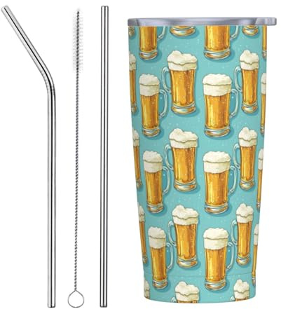 Vaso con estampado de cerveza de dibujos animados con tapa y popote, vasos aislados de acero inoxidable de 20 onzas, vaso de café personalizado para viaje, botella de agua