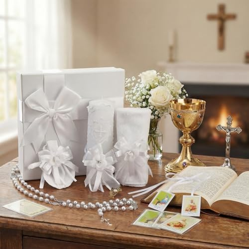 Liliful 7 Pcs White Baptism Candle Set Catholic Baptismal Candle Towel Rosary Necklace Shell Pin Pendant Christening Gift for Godparent Guest Favor Decoration First Holy Communion Gift(Classic,White)