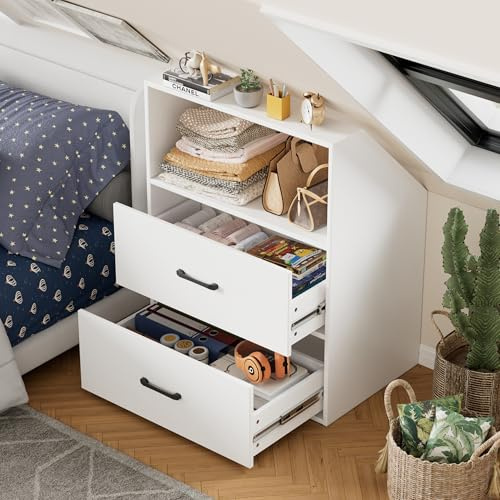 MSFE Dachschrägenregal mit 2 Schubladen Dachschrägenschrank 100x80x51.5CM Kleiderschrank mit schräger Wand im Dachgeschoss-Schlafzimmer Bücherregal Weiß in Holz 4-Tier Regal für Dachschrägen