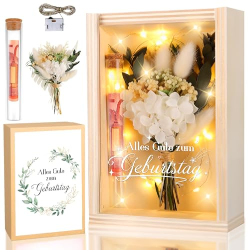 TUZELIYA Lustige Geldgeschenke, Geburtstagsgeschenkbox inklusive Trockenblumen+LED Lichterkette+Reagenzglas, Duplo Schokolade oder Andere Geldgeschenke, Deko Holzkiste, Geschenke für Frauen Männer
