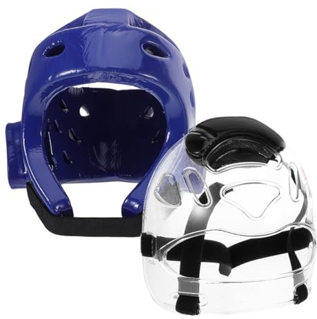 Angoily Casque de Protection Intégrale pour Garçon et Filles, Casque de Combat de Karaté Réglable Visière, Protection Faciale Sportive Bleue Taille S, Équipement de Lutte et Arts Martiaux