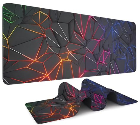 Large Gaming Mouse Pad, Geometric Neon Desk Mat with Non-Slip Rubber Base, Waterproof Keyboard Pad with Stitched Edges for Gaming, Office, Home