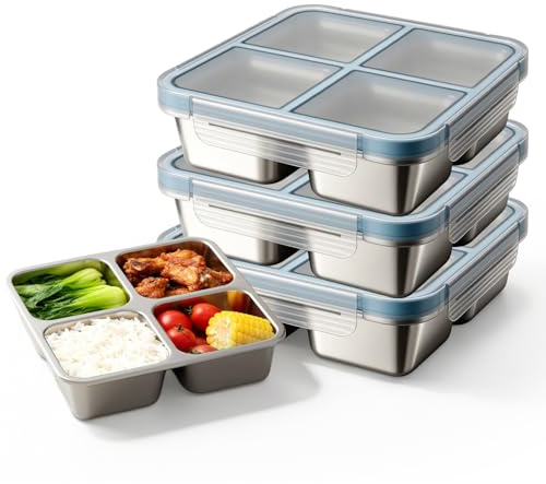 Keltorio 3 cajas de aperitivos de acero inoxidable con 4 compartimentos, fiambrera de acero inoxidable para niños con tapa, reutilizables, sin BPA, resistente a las fugas, caja bento de metal para la