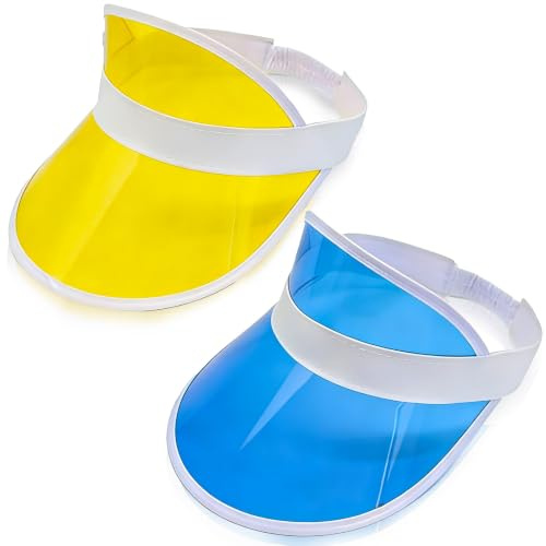Brateuanoii 2 Stück Sonnenvisier Unisex 80er Jahre Neon Stil, Transparente Kunststoff-Sonnenblende, Mit Verstellbarem Gummiband, Sonnenschutz Hut Für Golf Tennis Pokerpartys Schlagball, Gelb & Blau