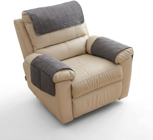 Sesselschoner mit Taschen,für Relaxsessel mit Armlehnen, 57x38 cm Rutschfeste Armlehnenbezüge Sofa, wasserabweisender Sesselüberwurf für Fernsehsessel inkl. Kopfstützenschutz (Dunkelgrau, 1 Sitzer)