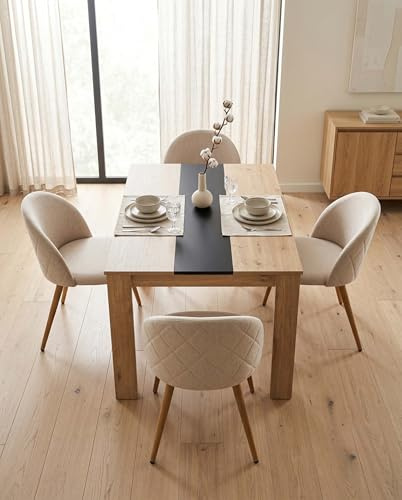 Ginhow Modernes Esszimmer-Set mit 4 Esszimmerstühlen Samt und Esstisch in Eichenoptik, 140 x 70 cm, Skandinavisches Design, Cremeweiß Esstisch Stühle, Essgruppe für Küche und Esszimmer