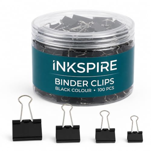 Inkspire Binder Clips, 100 Pcs Assorted Sizes 15-19-25-32-41-51 mm, Metal Foldback & Bulldog Clips Clamps for Home, Calendars, Office and Stationary Supplies (Black)