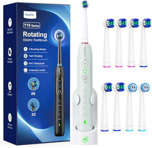 Cepillo de Dientes Eléctrico de Rotación para Adultos y Niños, 8 Cabezales, 3 Niveles de Intensidad, 5 Modos, Cepillo Eléctrico con Temporizador Inteligente de 2 Minutos, Verde