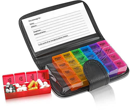 MEDca Wöchentliche Reise Pillenbox - Rezept- und Medikamentendose Pillenbox Erinnerung, 28 lichtdurchlässige Fächer, Schnappdeckel, 7,5 x 4,5 Zoll