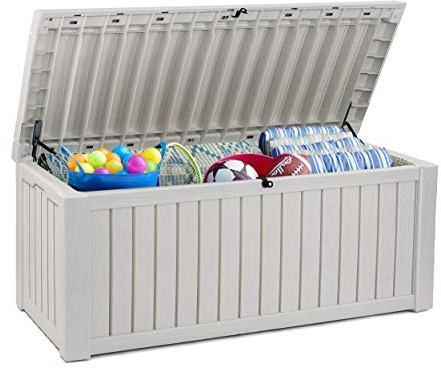 Koll Living Auflagenbox/Kissenbox 570 Liter l 100% Wasserdicht l mit Belüftung dadurch kein übler Geruch/Schimmel l Moderne Holzoptik l Deckel belastbar bis 250 KG (2 Personen) (Weiß)