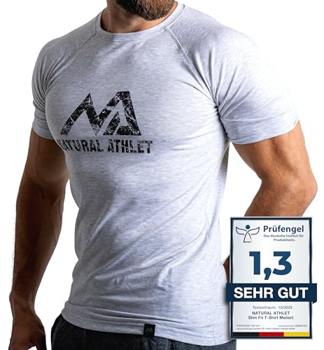 Natural Athlet Slim-Fit Fitness Tshirt für Herren – Enges & langes schnelltrocknendes Männer Kurzarm Gym T-Shirt – für Sport, Gym, Fitnessstudio, Workout, Bodybuilding und Krafttraining