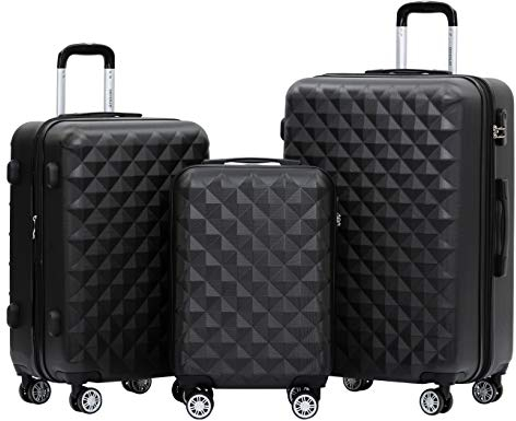 BEIBYE Zwillingsrollen 2066 Hartschale Trolley Koffer Reisekoffer Gepäck M-L-XL-Set (Schwarz, Set)