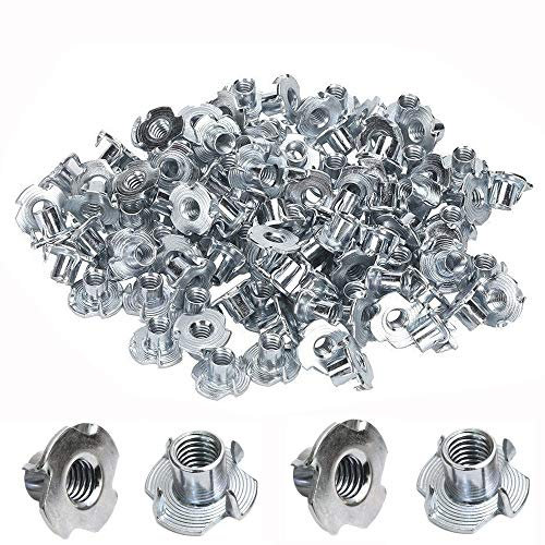 Yakamoz 100pcs M6 4 Griffes Écrous en T Inserts Acier au Carbone Matériel Zinc Plaqué Pour Travail du Bois, Jambe de Meuble