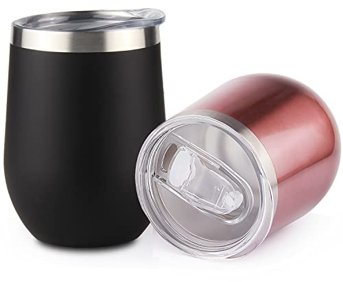Sivaphe Wine Glasses Tumbler Camping Double Walled Coffee Cups Stainless Steel Insulated Tumblers for Hot Drinks with Lids 12OZ Set (Rose Gold/Black)