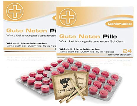 Lustige Pillen GUTE NOTEN Pille im 2er Set, als Geburtstagsgeschenk. Spaß, Anti Stress, gute Laune, Junggesellenabschied Mann und Frau. mit John Silver® Orakelsprüchen