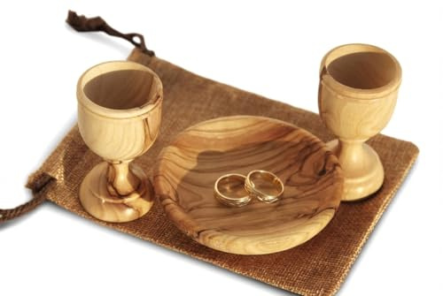 2 kleine Kommunionstassen mit Brottablett aus Holz in einem Geschenkbeutel Handgeschnitzter Kiddush Becher aus Olivenholz - für Kirche, Ministerium & Gottesdienst Veranstaltungen mit