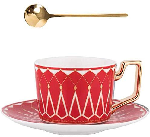 Eplze® Elegant Ceramic Teacup and Saucer Set, 8oz Coffee Cup for Afternoon Tea- Geometric Pattern (Red)