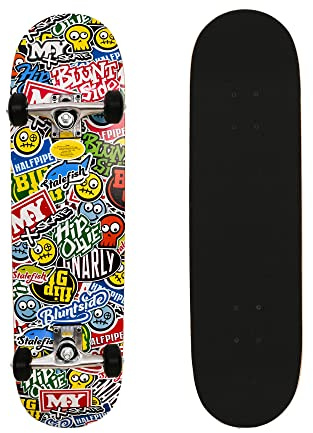 M.Y X-Skate 'Stickers' Complete Skateboard 31 Double Kick Beginner Skateboard for Kids Teenagers & Adults 7 Ply Maple Deck ABEC 7 Bearings for Tricks and Skateparks