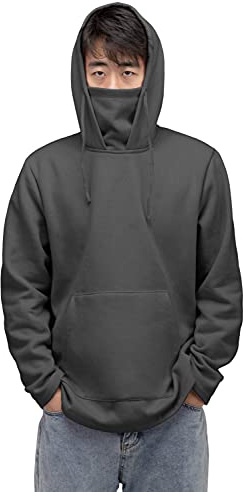 Velosso Masked Hoodie Long Sleeve Casual Hooded Sweatshirt Fleece Cover Mask Snood Hoodie Pullover Drawstring Hood (Charcoal, L)